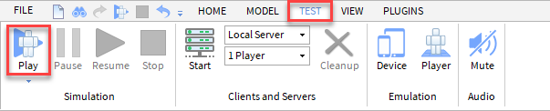 Roblox Studio with the Text view open and play button circled