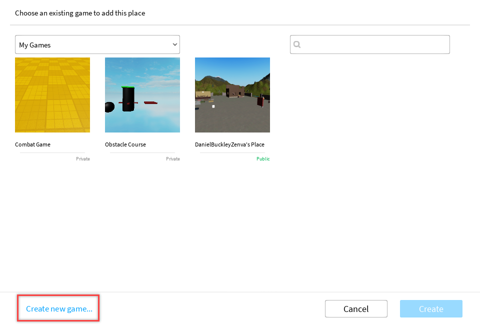 Publish window for Roblox Sutdio with "Create new game..." selected.