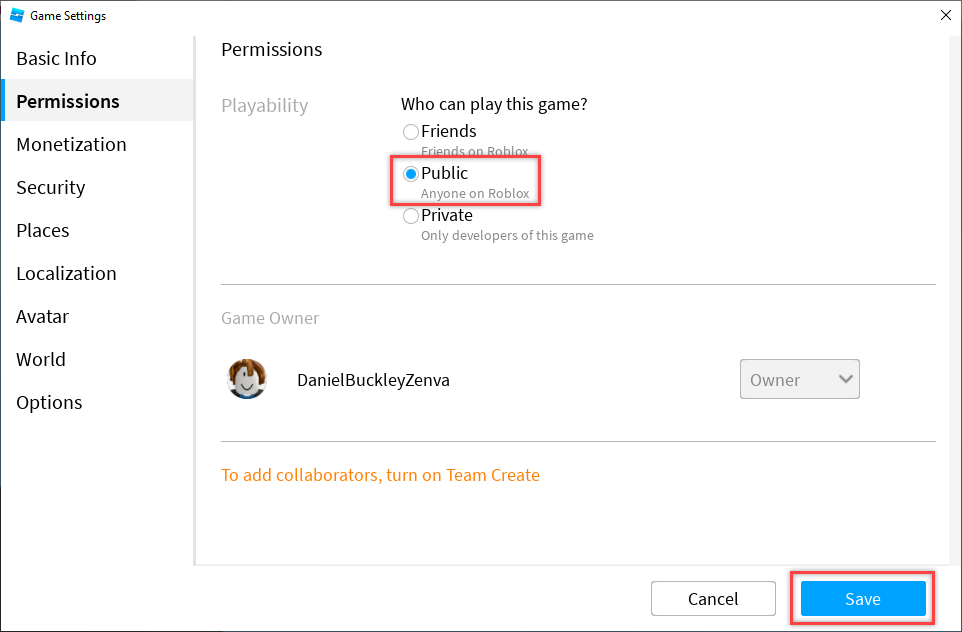 Permissions options with Public circled for Roblox Studio game