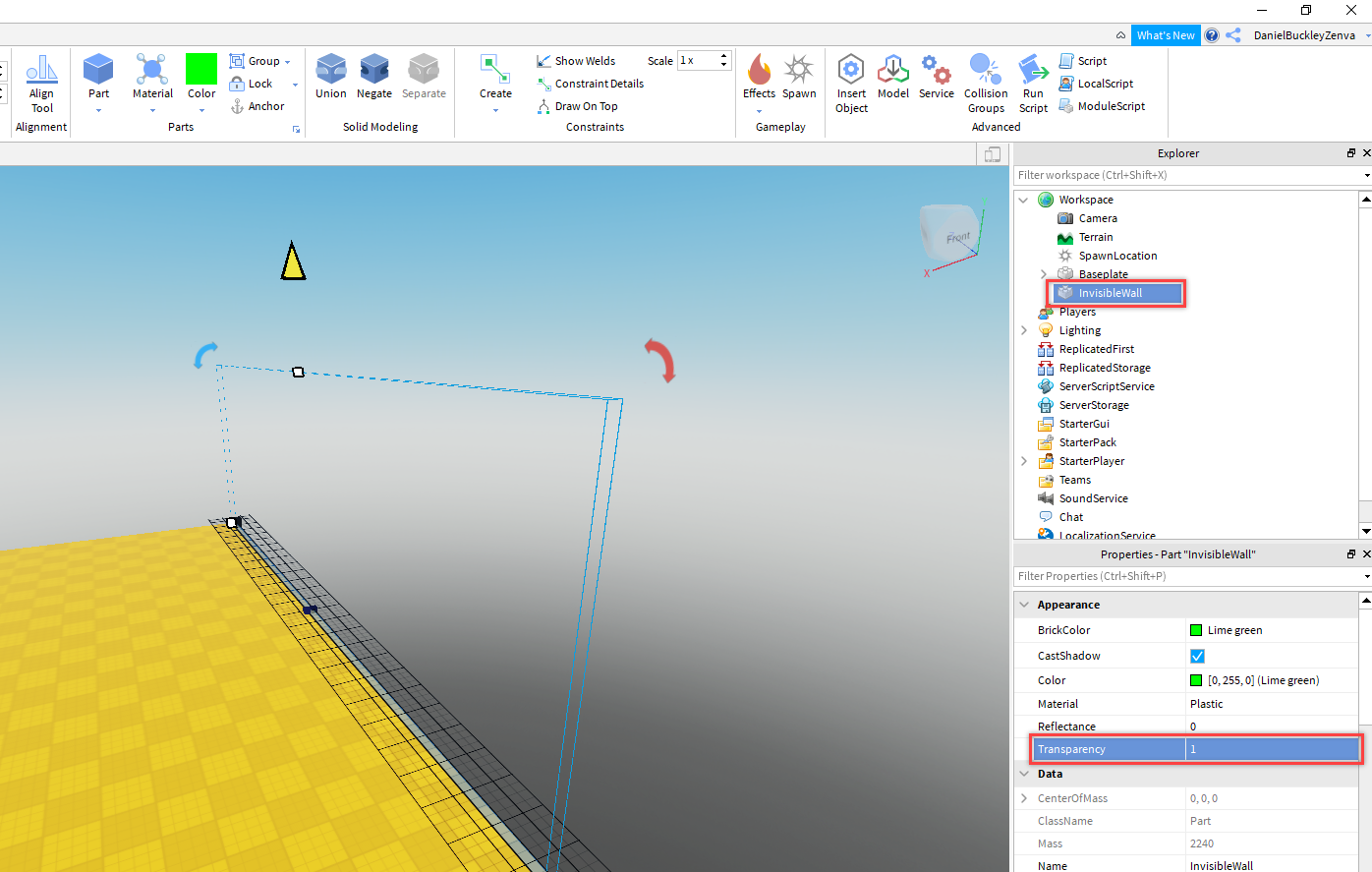 setting the wall transparency to 1 in Roblox Studio