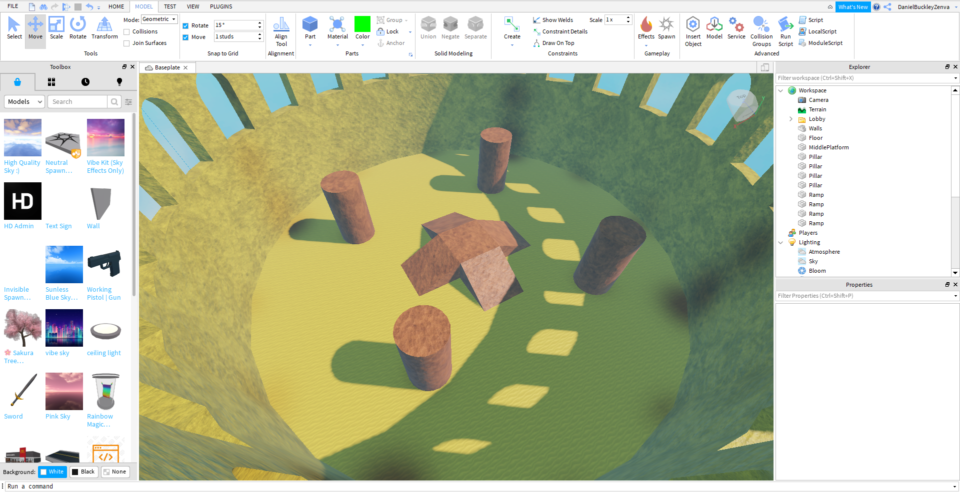 arena obstacles and platforms added in Roblox Studio editor