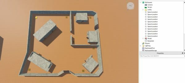 Top down view of Roblox FPS arena