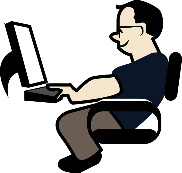 Illustrated man sitting at computer