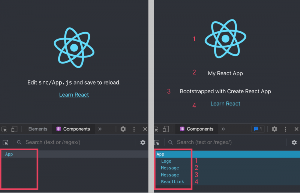 Screen Shot of App and Dev Tools - before and after