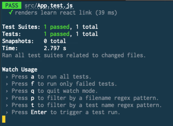 Screen Shot of the terminal output after starting CRA interactive test runner