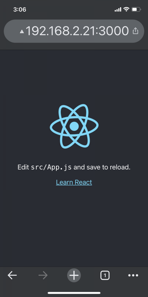 Screen Shot of Create React App Demo App in Device's Web Browser