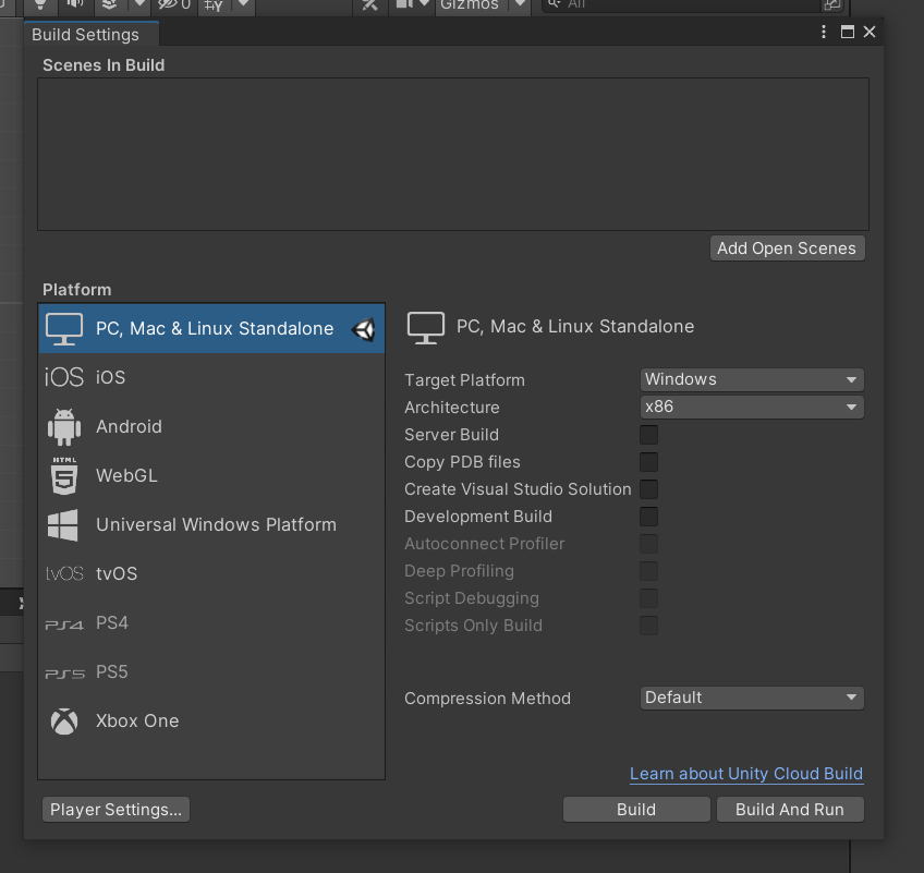 A screenshot of the build settings in Unity
