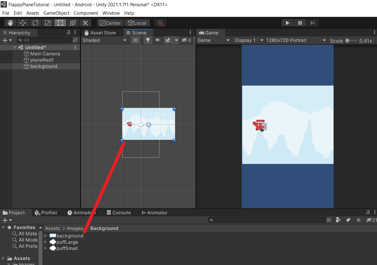 Placing the background sprite in the scene