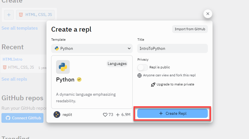 Create a repl screen with Python settings selected