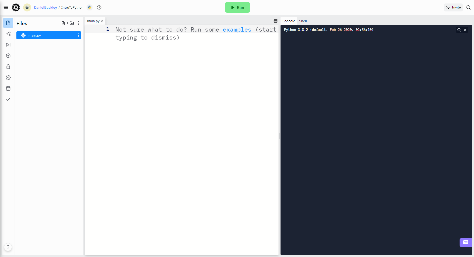 Screenshot of empty Python repl on Replit