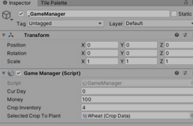 Unity Inspector showing farming-based Game Manager
