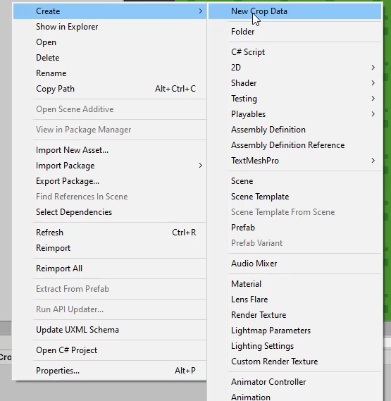 Unity Create Menu showing New Crop Data menu item