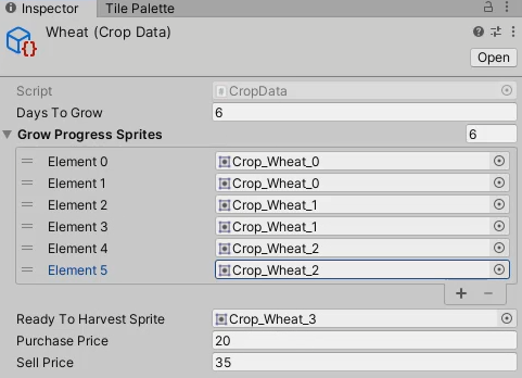 Unity Inspector showing crop data for Wheat