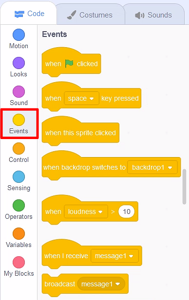 Adding events to the code in Scratch