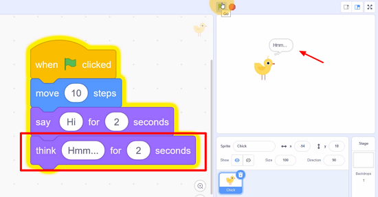 Adding more Looks blocks to our code in Scratch