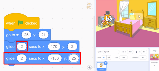 Moving the sprite to the desk in Scratch