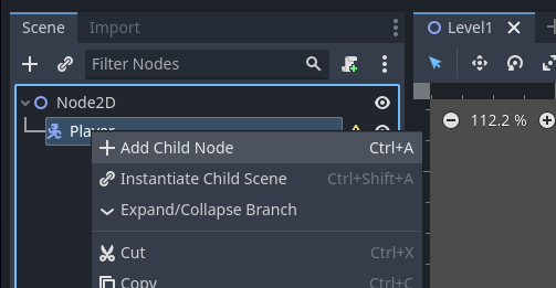Add Child Node option highlight for the Player Node in Godot