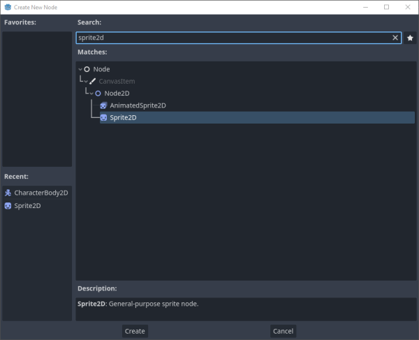 Create New Node window in Godot with Sprite2D selected