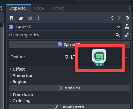 Sprite assigned to Sprite2D node in the Godot Inspector