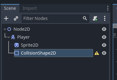 Player node with CollisionShape2D node added in Godot's Scene panel