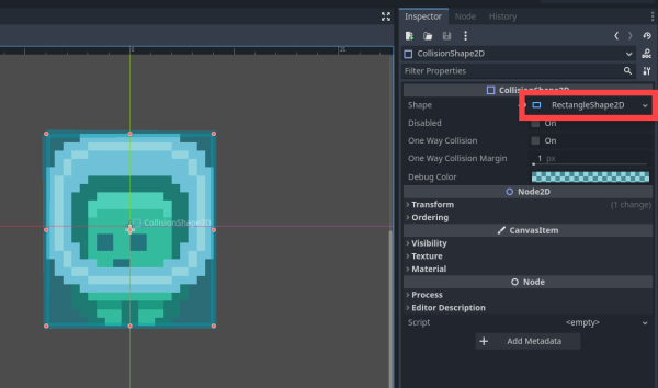 2D collision box as seen in both the Godot Editor and in the Inspector