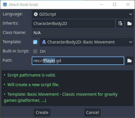 Attach Node Script window in Godot with Player script being created