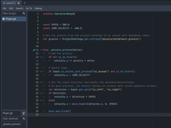 Godot script showing default code for movement
