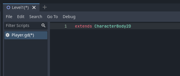 Clean Godot script with only "extends CharacterBody2D" left