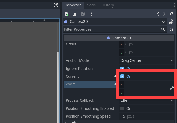 Camera2D node in Godot's Inspector showing Zoom options