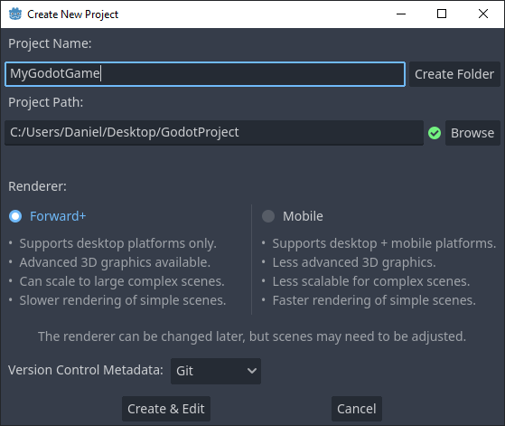 Create New Project window for Godot