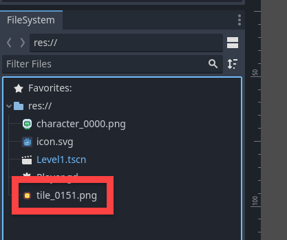 Godot FileSystem showing a new tile sprite for coins available