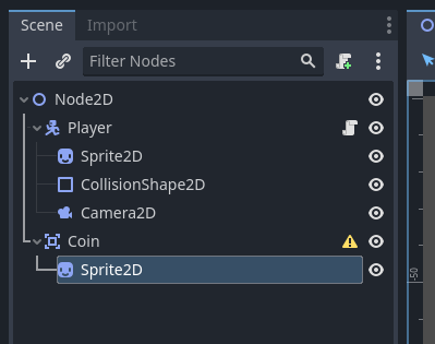 Coin node with Sprite2D node added in the Godot Scene panel