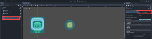 Coin with the Collision2D node added to the coin node object in Godot