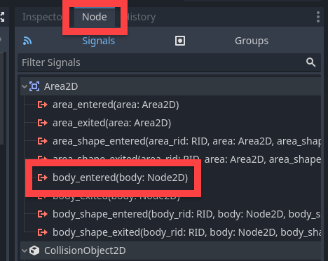 Node panel in Godot with body_entered circled under the Area2D options