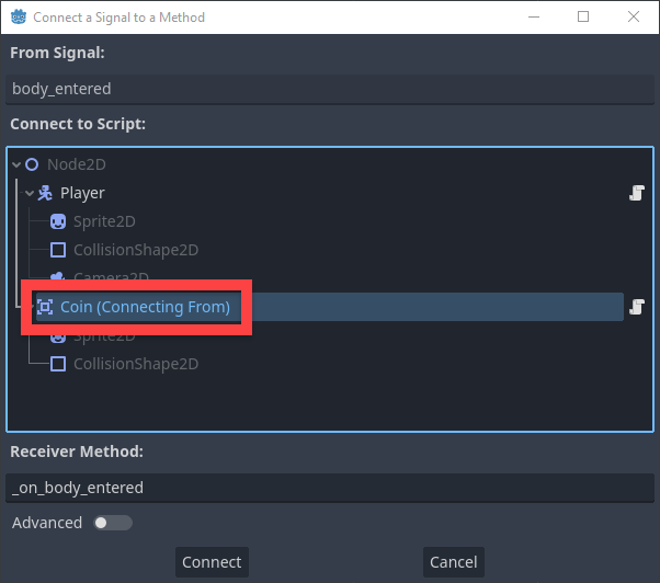 Connect Signal to a Method window in Godot with Coin circled