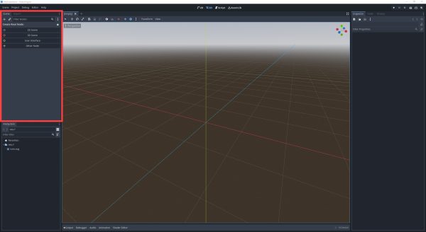 Godot Editor with the Scene panel circled