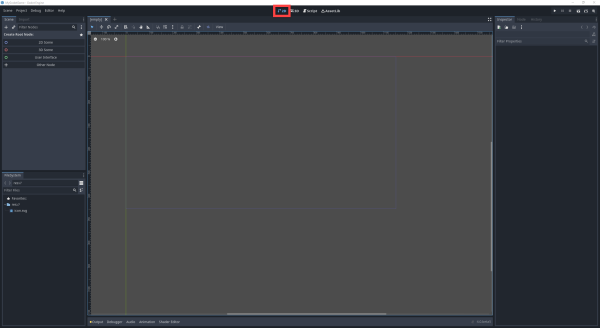 Godot Editor with the 2D button clicked to make a 2D Godot project
