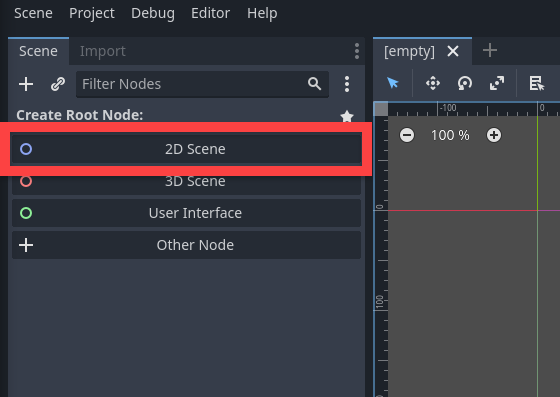 Godot Scene panel with 2D Scene selected as the Root Node