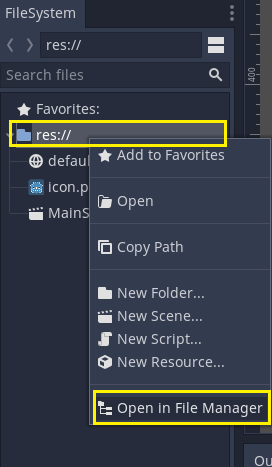 Right-click on the root folder of the project in Godot and go to Open in File Manager option