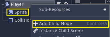 Adding a child node to our Player scene in Godot