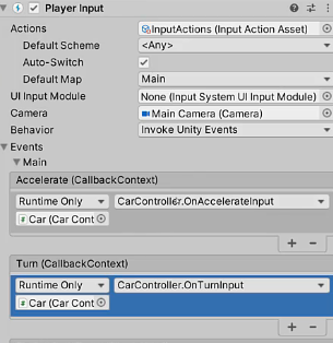 Settings for the Player Input component in Unity