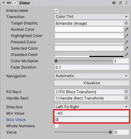 Min and Max Value settings for the Slider component in the Inspector