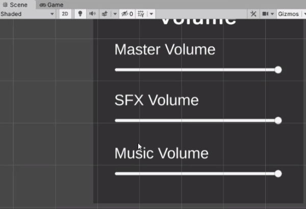 Sliders for the 3 volume groups (Master, SFX, and Music)