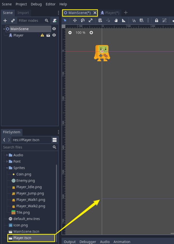Drag the Player.tscn into the main scene in Godot