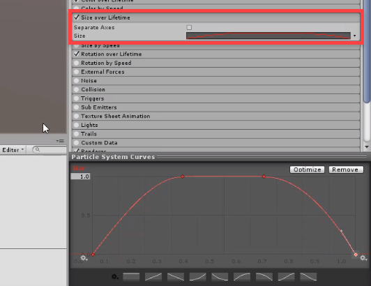 Setting up the size curve for the particle system in Unity