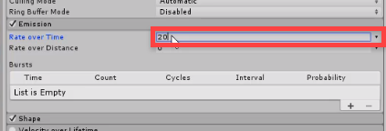 Setting the emission rate over time for the particles in Unity