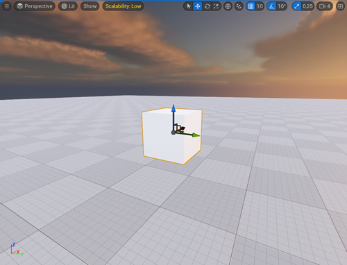 Scene view of the cube object in Unreal Engine