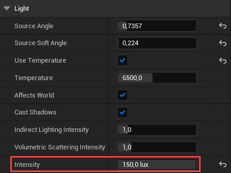 Changing the Intensity property of the Directional Light in Unreal Engine