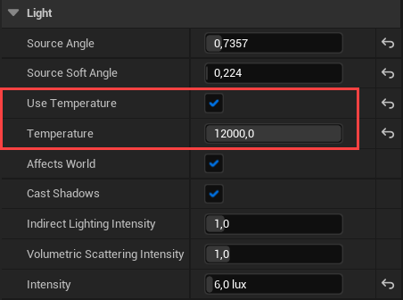Altering the light's Temperature property in Unreal Engine