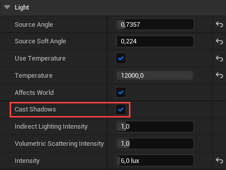 Enabling the Cast Shadows property in Unreal Engine
